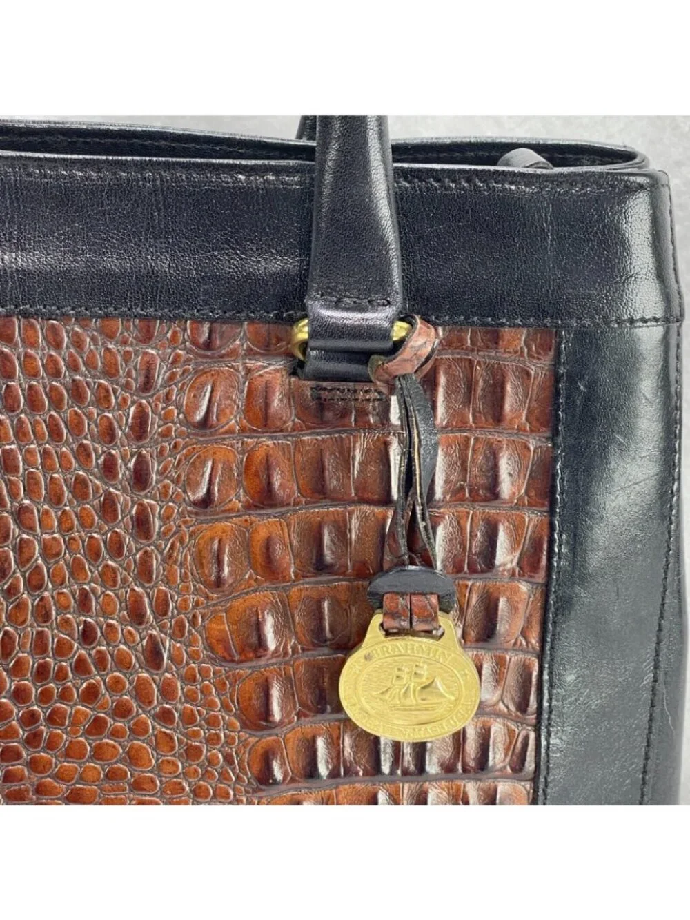 Vintage Brahmin Two-Tone Black & Brown Leather Crocodile Embossed Handbag With G